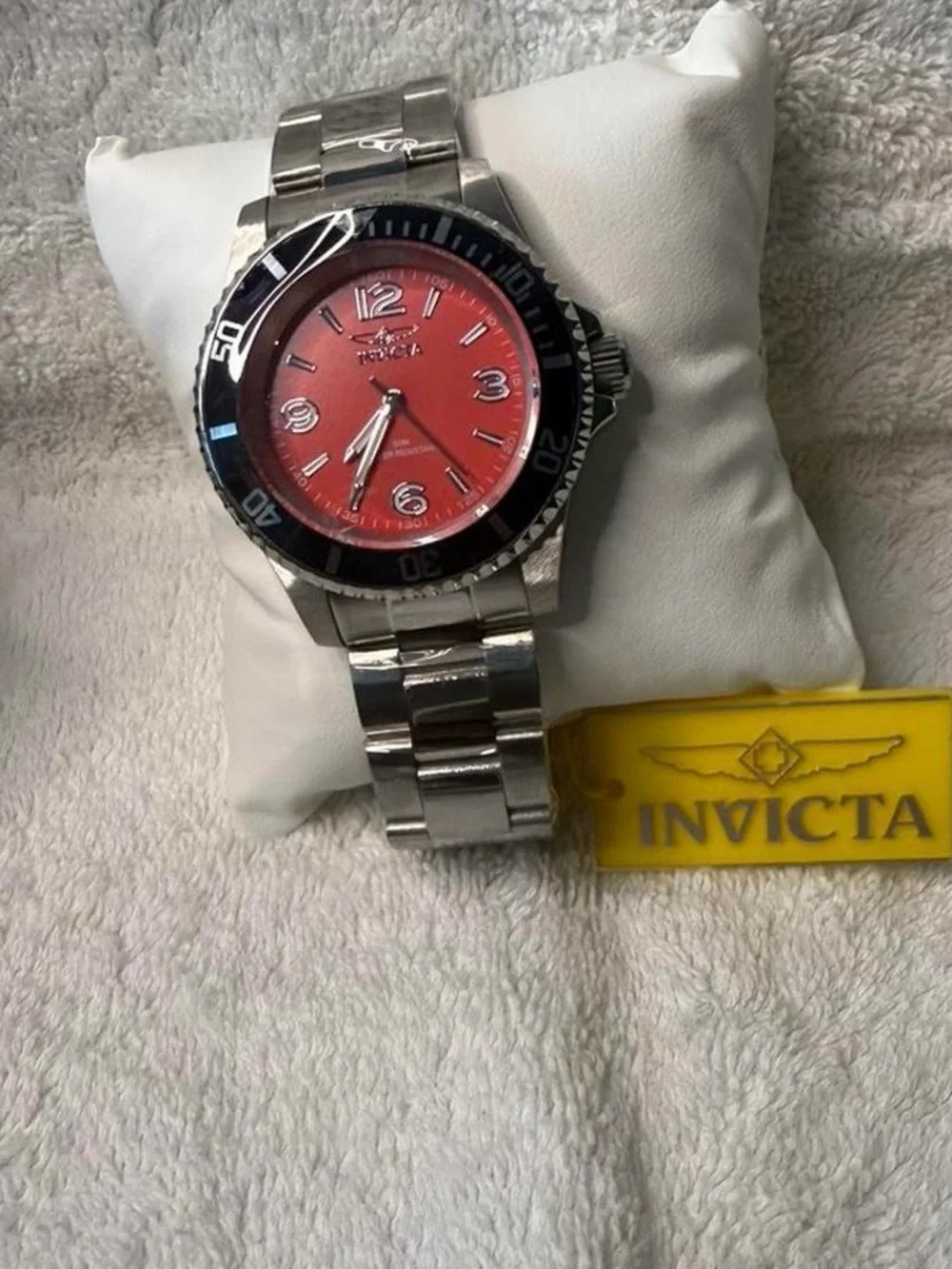 Invicta Silver Watch with Red Dial and Black Bezel